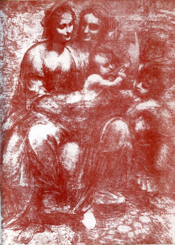 Леонардо да Винчи. Картон первого варианта «Мадонны с младенцем и святой Анной». Карандаш, уголь, мел. Около 1499. Лондон, Национальная галерея. 139X101 см