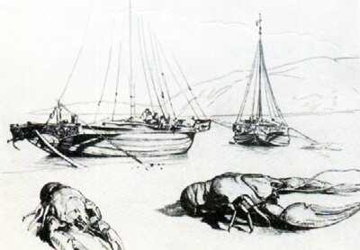 Ф. Васильев. Барки у берега. Раки. Графитный карандаш. 1870.