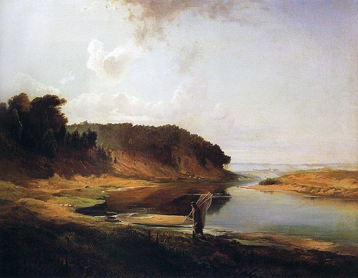 А. К. Саврасов "Пейзаж с рекой и рыбаком" 1858