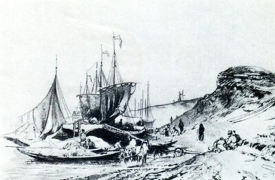 Ф. Васильев. Барка и лодки у берега. Графитный карандаш. 1870.