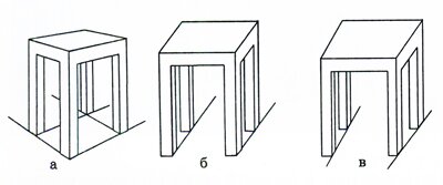 Три изображения табурета: а — линейная перспектива, б — аксонометрия, в — обратная перспектива 