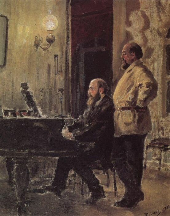 В. Поленов. С. И. Мамонтов и П. А. Спиро у рояля. Масло. 1882.