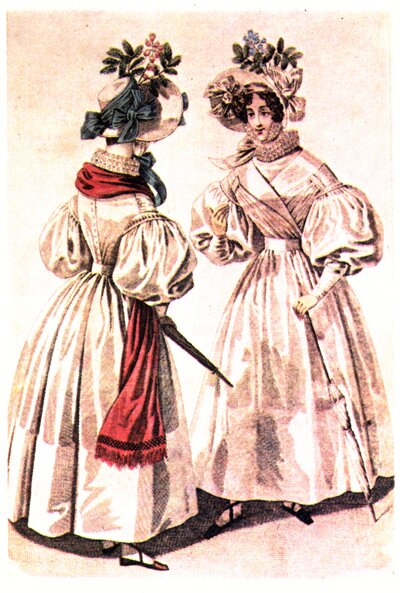 Женские платья. Модная картинка. 1832 год. Шляпка с живыми цветами. Платье из кисеи, шелковый шарф.