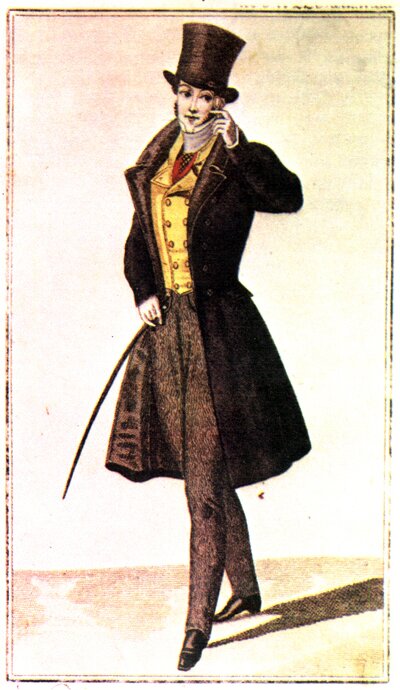 Мужская одежда. Модная картинка. 1827 год. Сюртук с бархатным ворот-ником и отворотами. Жилет кашемировый. Панталоны суконные.