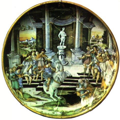 Тарелка с изображением подвига Марка Курция. Майолика. 1515. Италия, Кастель Дуранте.