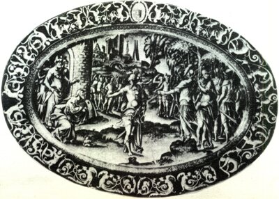 П. Реимон. Блюдо с изображением встречи Авраама с Мельхиседеком. Эмаль. 1577. Франция, Лимож.