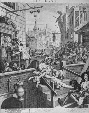 У. Хогарт. "Переулок Джина". Гравюра на меди. 1751.