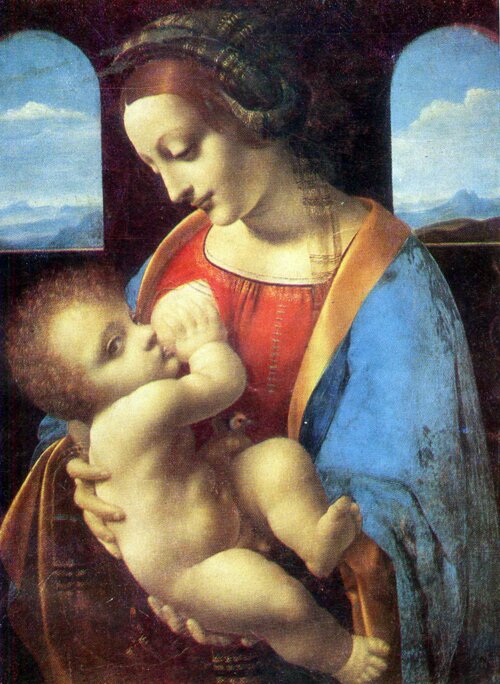 Леонардо да Винчи. Ма¬донна Литта. Темпера. Около 1480—1483. Эрмитаж. 42 X 33 см.